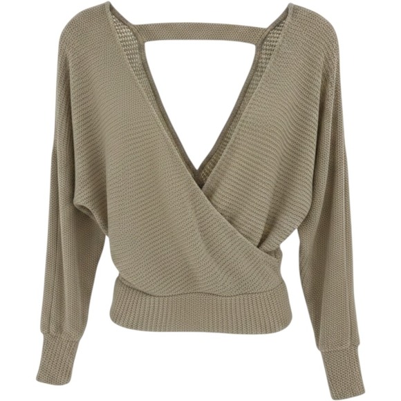 Windsor Sweaters - Windsor Womens Tan Knit Surplice Wrap V-Neck Open Back Sweater T3205 Medium